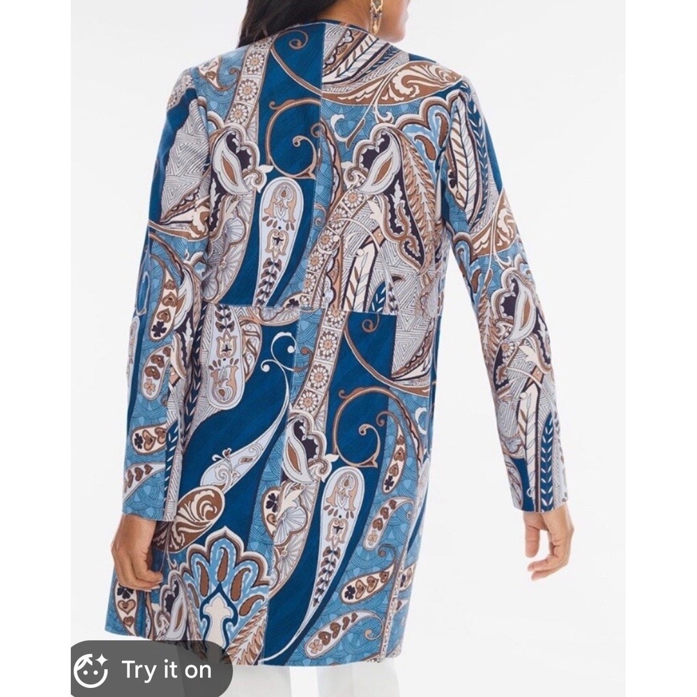 Chicos Blue Brown Paisley Open Front Cardigan Jacket Size 2 Large 12 Boho floral